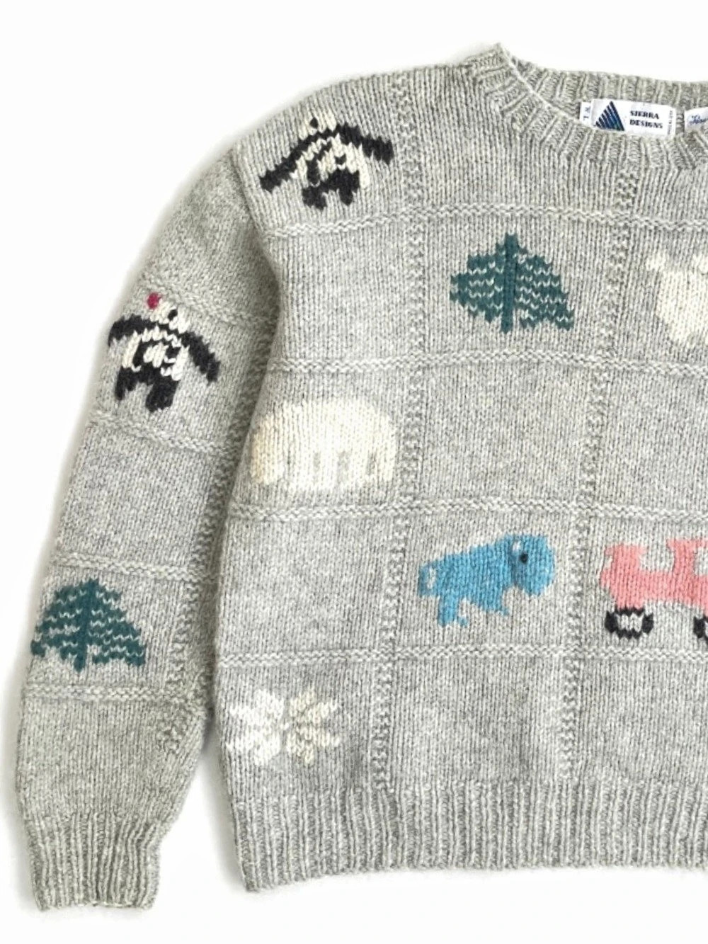 Sierra Designs Hand Knit Shetland Wool Sweater Animal and Nature Motifs, Grey,